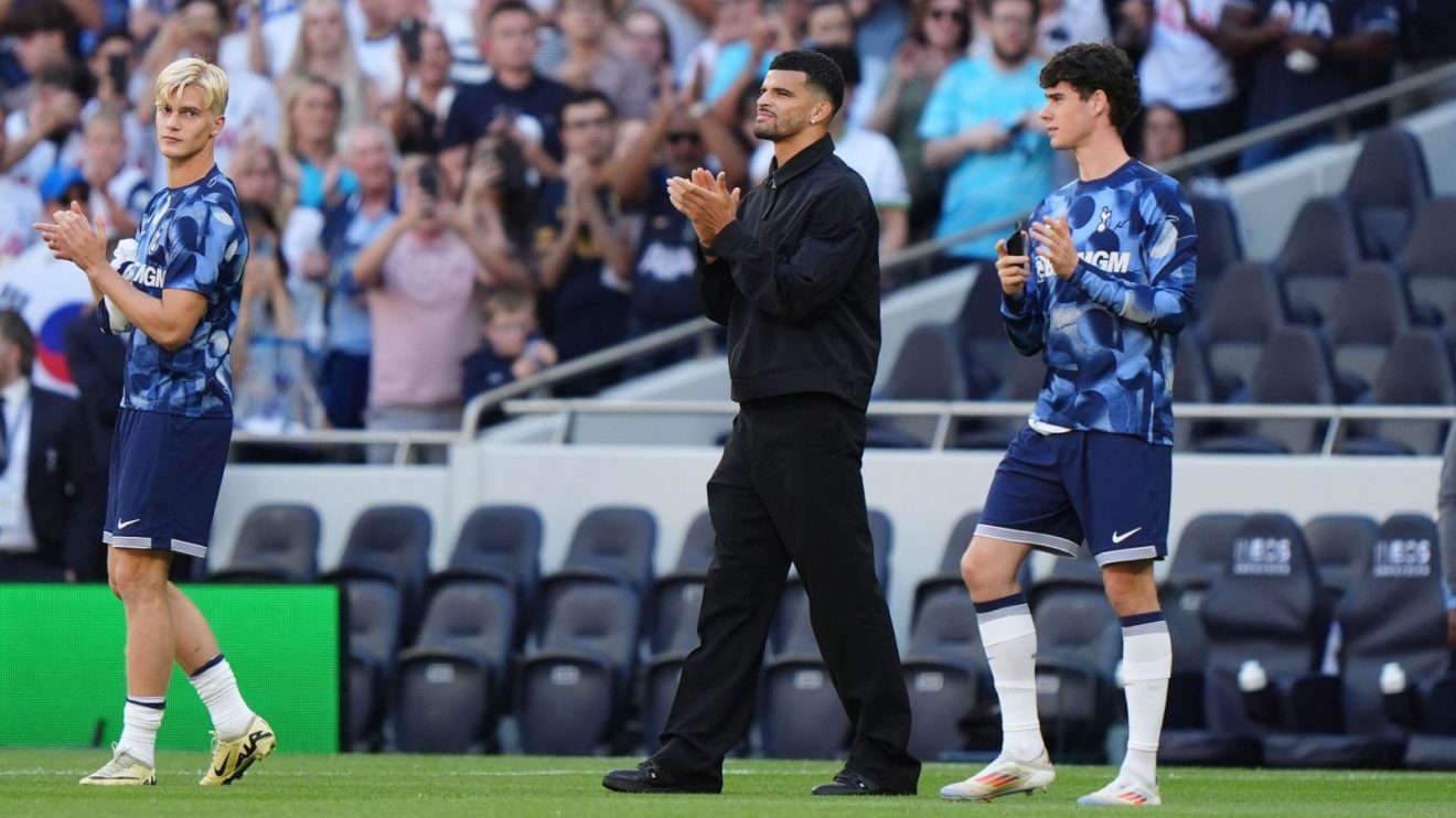 Tottenham signing Dominic Solanke is paraded before the pre-season friendly against Bayern Munich alongside fellow new boys Lucas Bergvall and Archie Gray