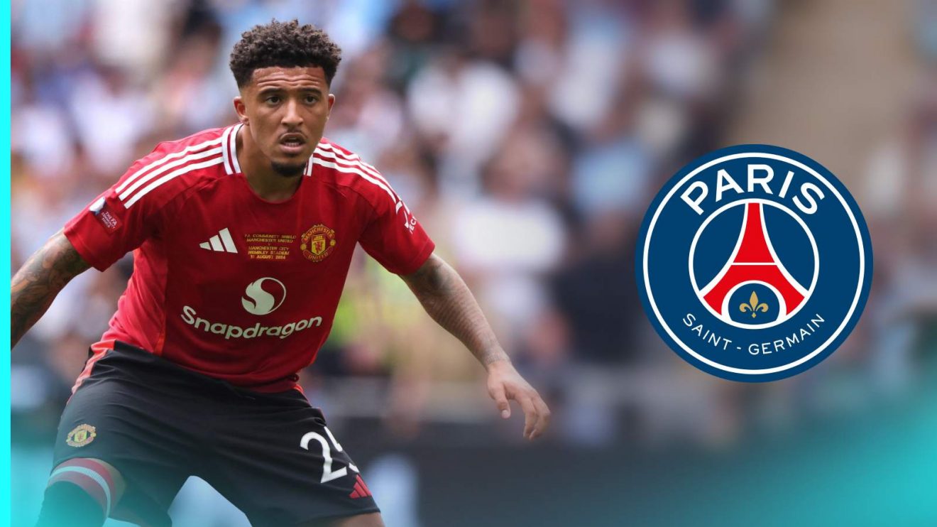 Man Utd winger Jadon Sancho with the PSG badge