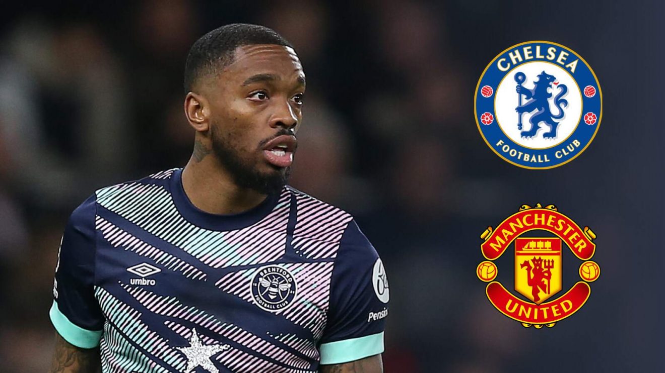 Ivan Toney with the Chelsea and Man Utd badges