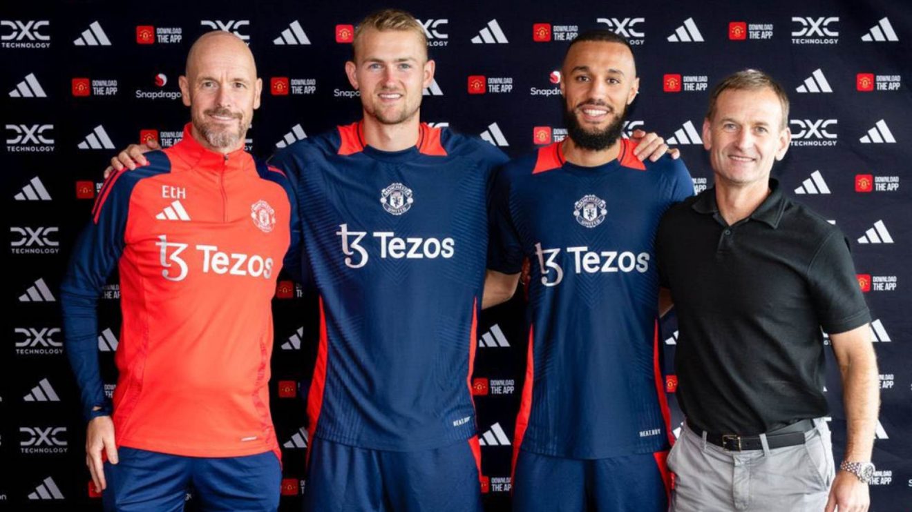 New Man Utd signings Matthijs de Ligt and Noussair Mazraoui with Erik ten Hag and Dan Ashworth