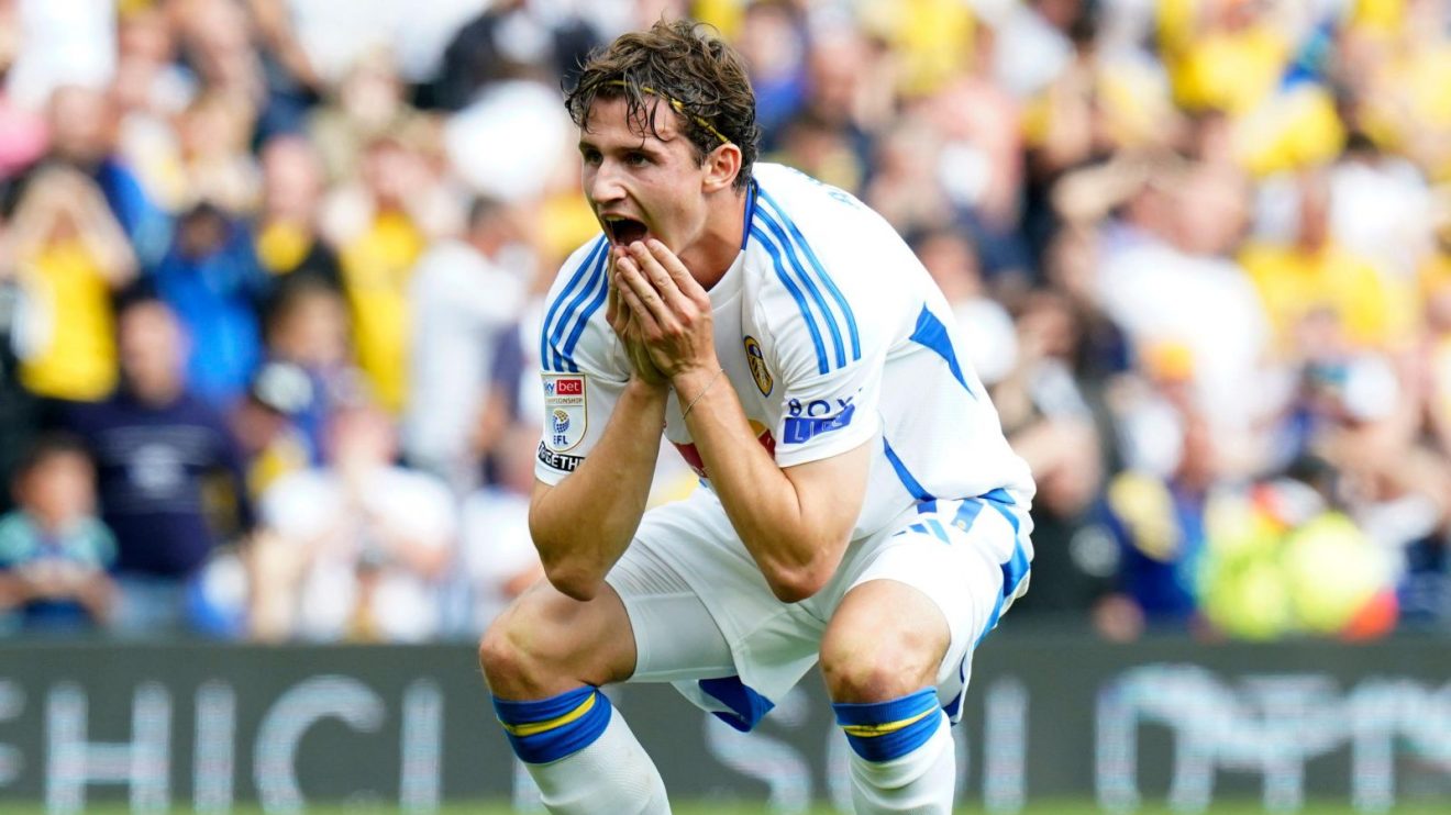 Leeds player Brenden Aaronson reacts to a missed chance