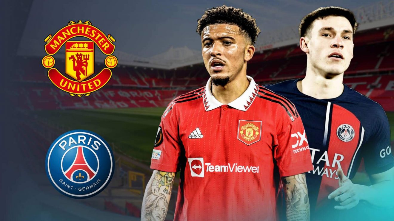 Jadon Sancho and Manuel Ugarte with the Man Utd and PSG badges