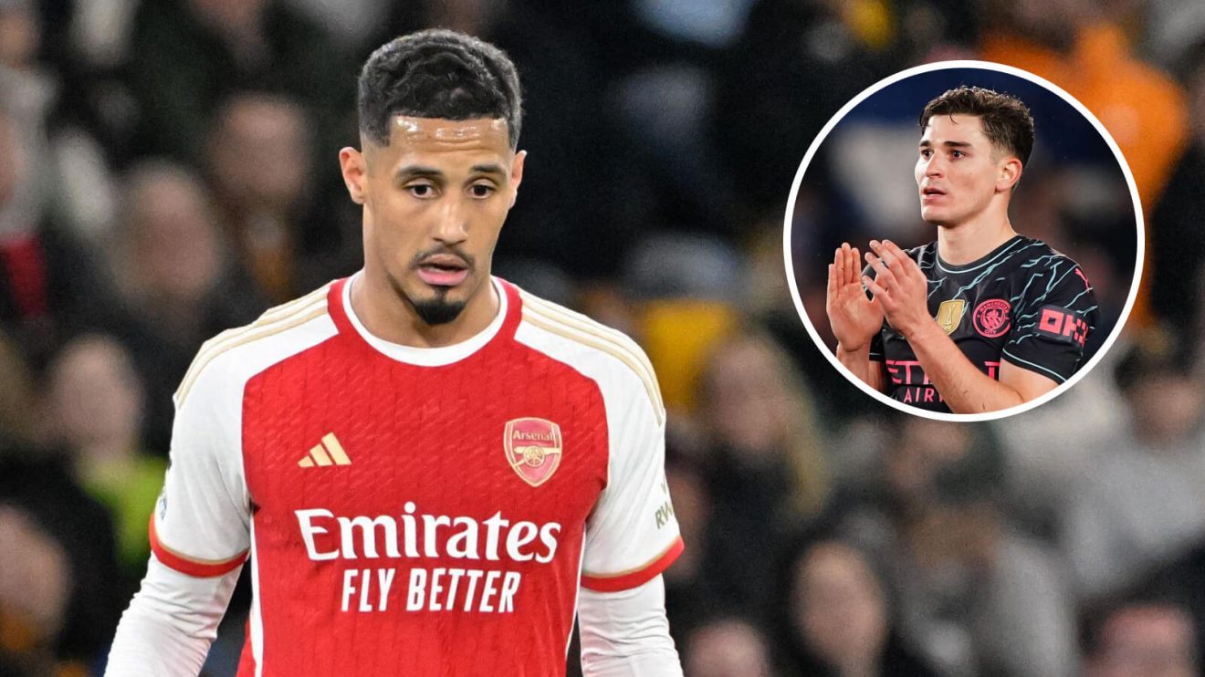 A composite picture of William Saliba of Arsenal and former Man City striker Julian Alvarez