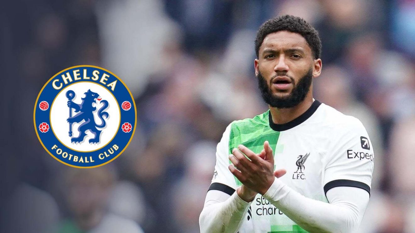 Liverpool defender Joe Gomez next to Chelsea badge
