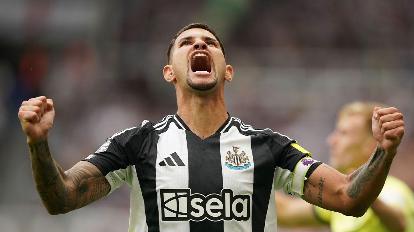 Bruno Guimaraes shouts into the air in delight while playing for Newcastle