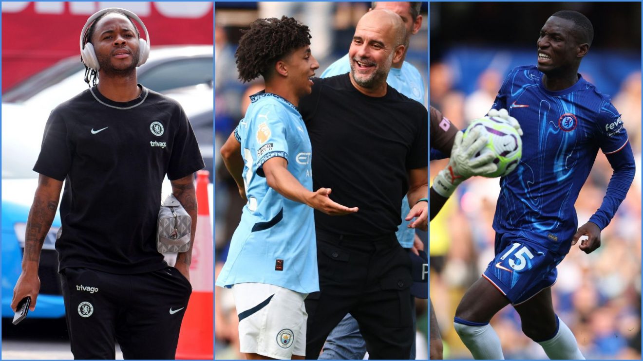Chelsea forwards Raheem Sterling and Nicolas Jackson, with Rico Lewis and Pep Guardiola of Manchester City