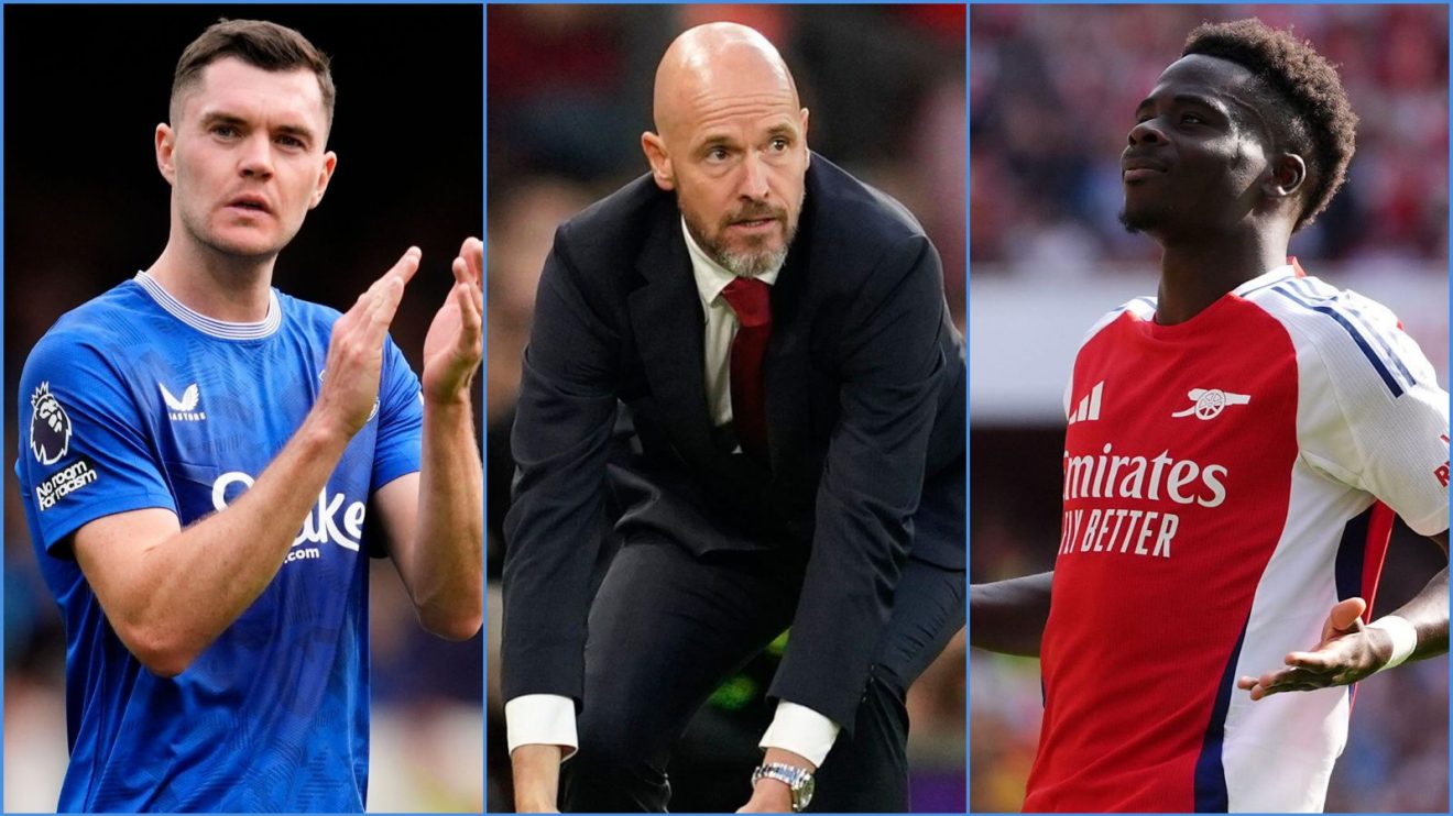 Everton defender Michael Keane, Manchester United manager Erik ten Hag and Arsenal forward Bukayo Saka