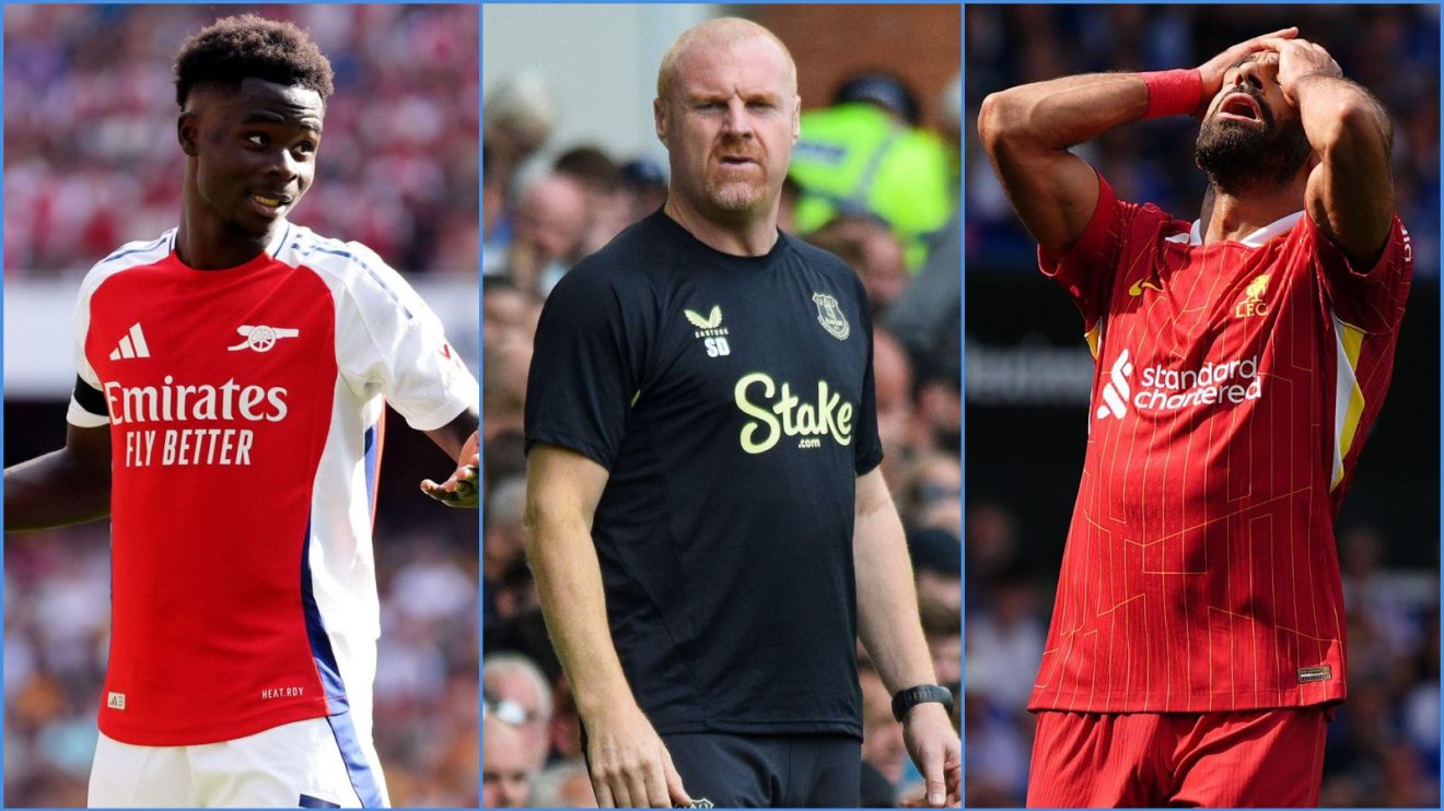 Arsenal forward Bukayo Saka, Everton manager Sean Dyche and Liverpool player Mo Salah