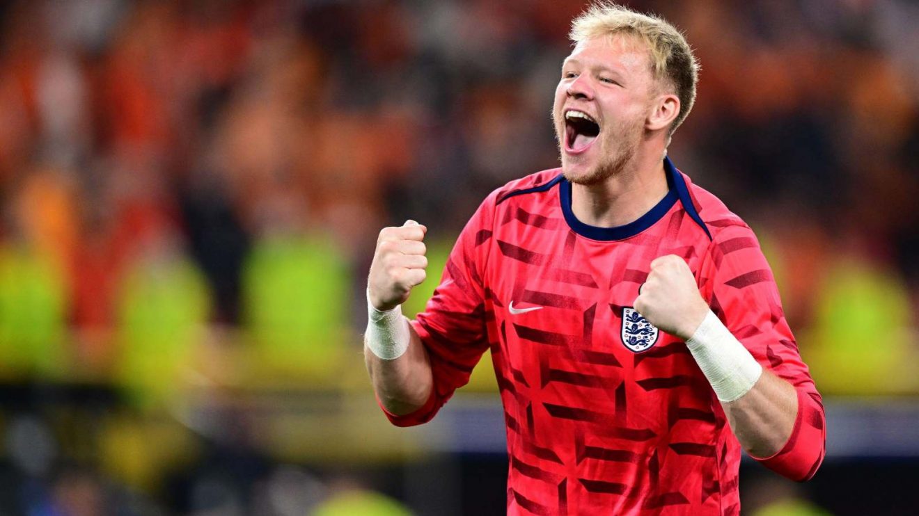 Arsenal goalkeeper Aaron Ramsdale celebrates after an England win