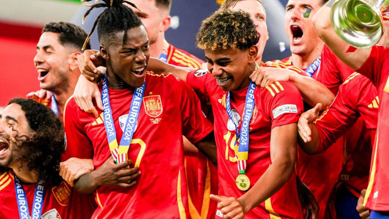 Arsenal-linked Spain winger Nico Williams and Lamine Yamal celebrate winning Euro 2024