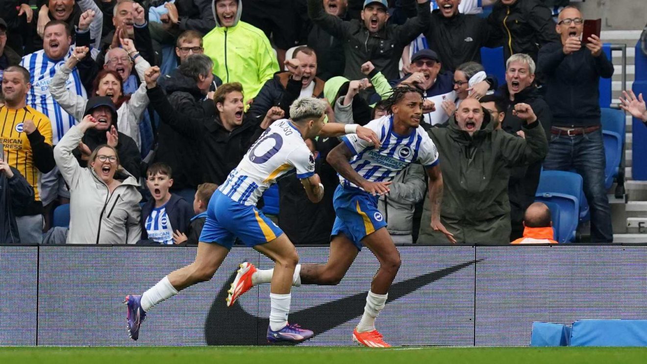 Brighton forward Joao Pedro celebrates his goal against Man Utd