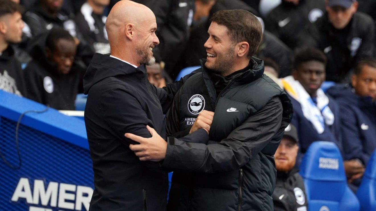 Brighton v Man Utd: Fabian Hurzeler hugs Erik ten Hag before a match