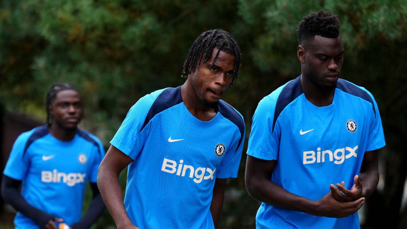 Chelsea's Carney Chukwuemeka (centre) and Benoit Badiashile (right) during a training session at Cobham Training Ground