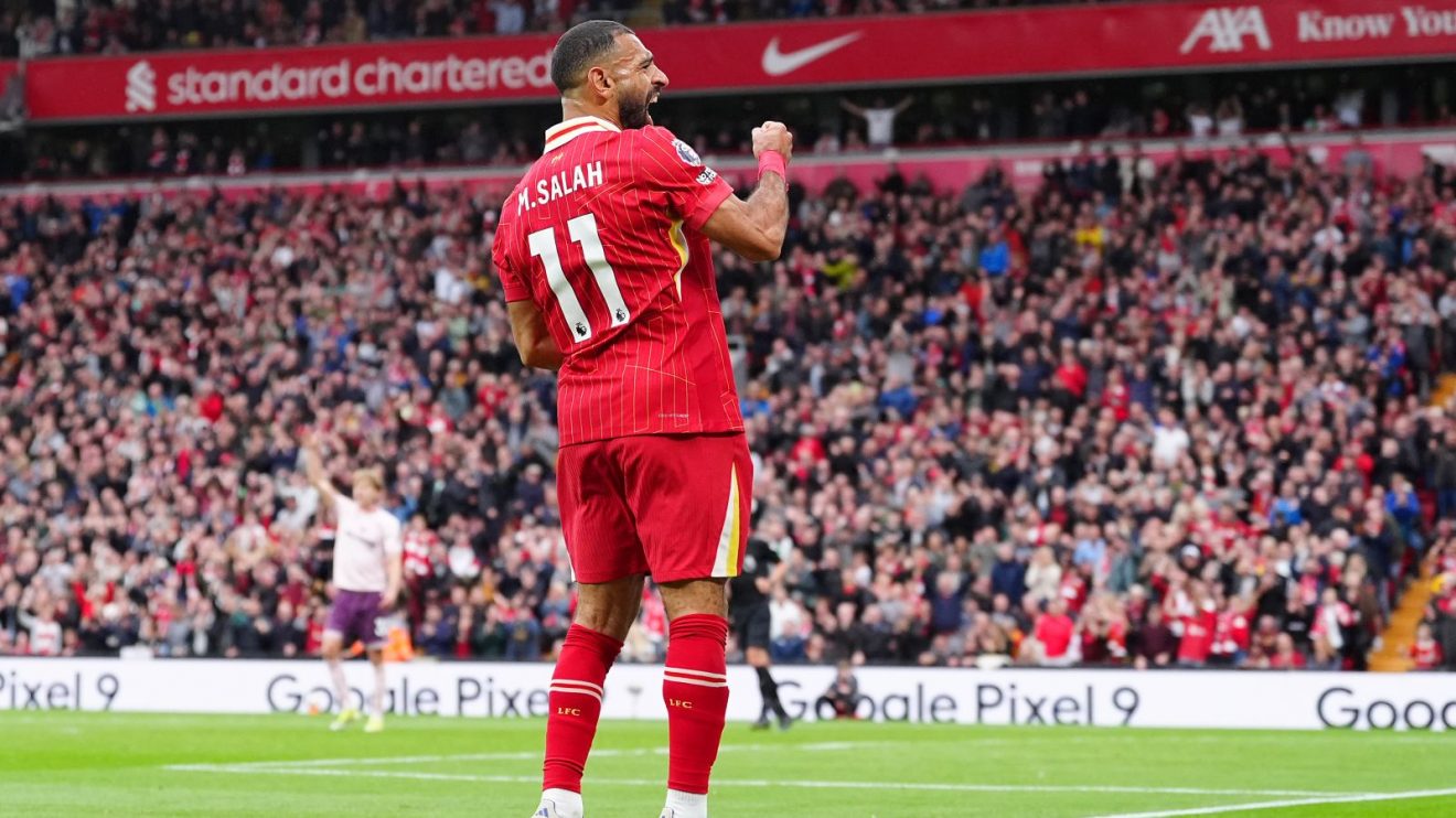 Mo Salah celebrates his goal for Liverpool against Brentford