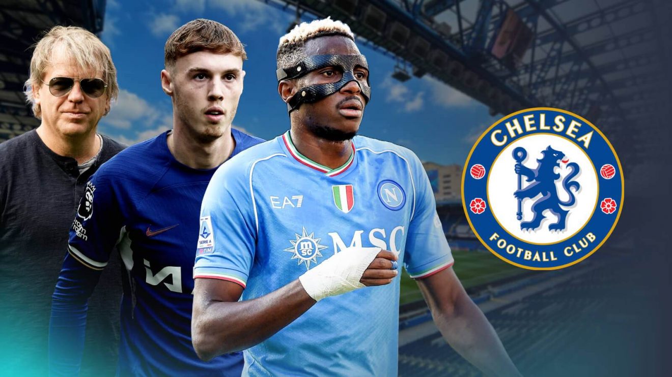 Victor Osimhen, Cole Palmer and Todd Boehly with the Chelsea badge