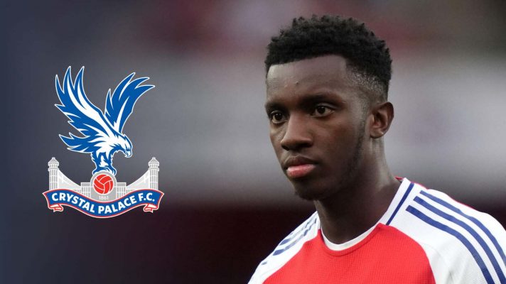 Arsenal forward Eddie Nketiah next to Crystal Palace badge
