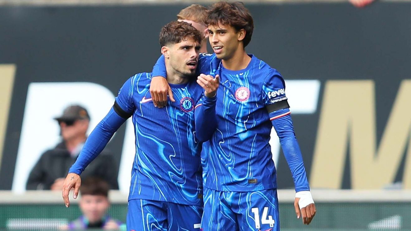 Chelsea duo Pedro Neto and Joao Felix celebrate a goal