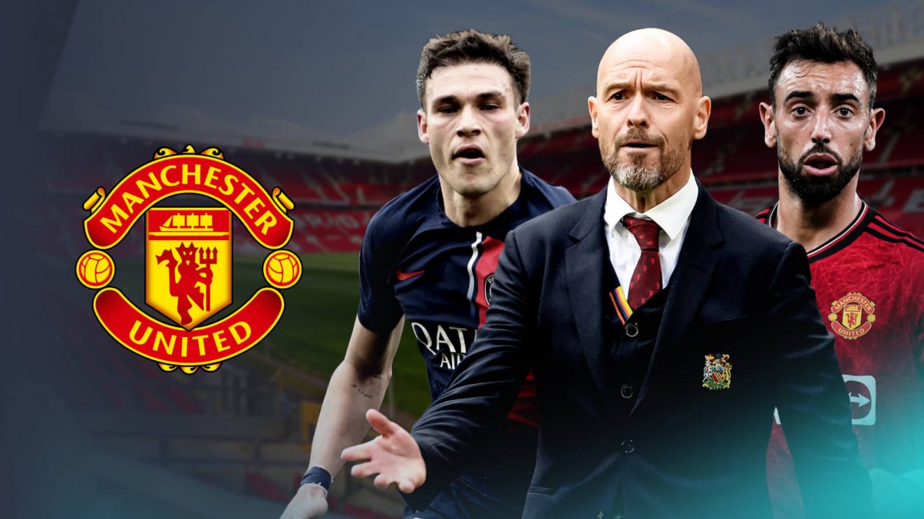 Bruno Fernandes, Erik ten Hag and Manuel Ugarte