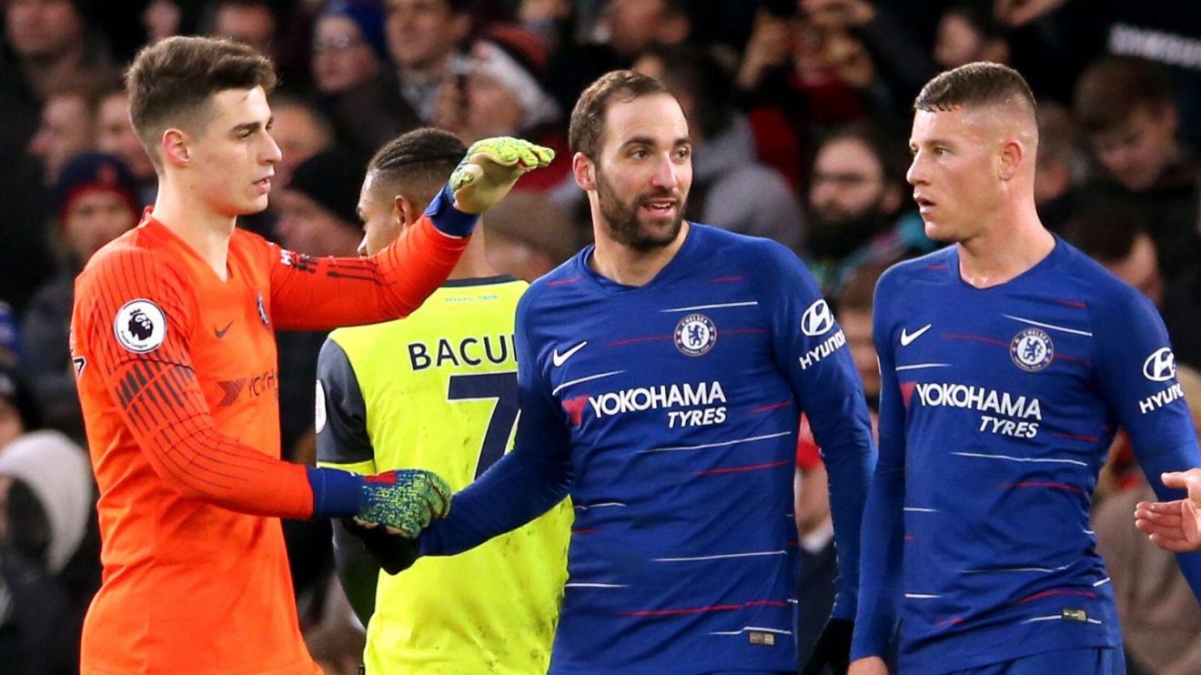 Chelsea players Kepa Arrizabalaga, Gonzalo Higuain and Ross Barkley