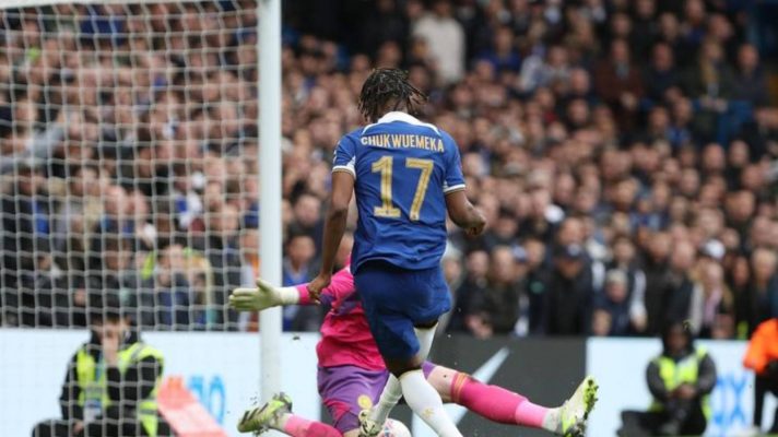 Chelsea midfielder Carney Chukwuemeka scores a goal