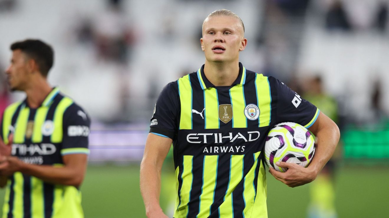Erling Haaland with the match ball after his hat-trick for Manchester City against West Ham