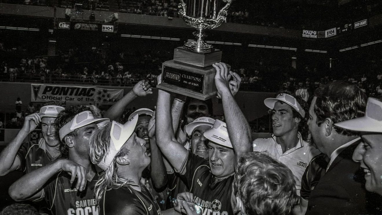 The San Diego Sockers lift the 1988-89 MISL trophy after beating the Baltimore Blast