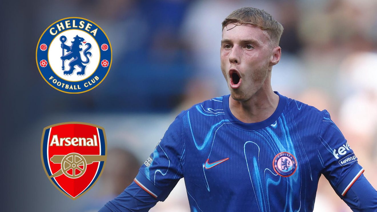 Cole Palmer with Arsenal and Chelsea badges