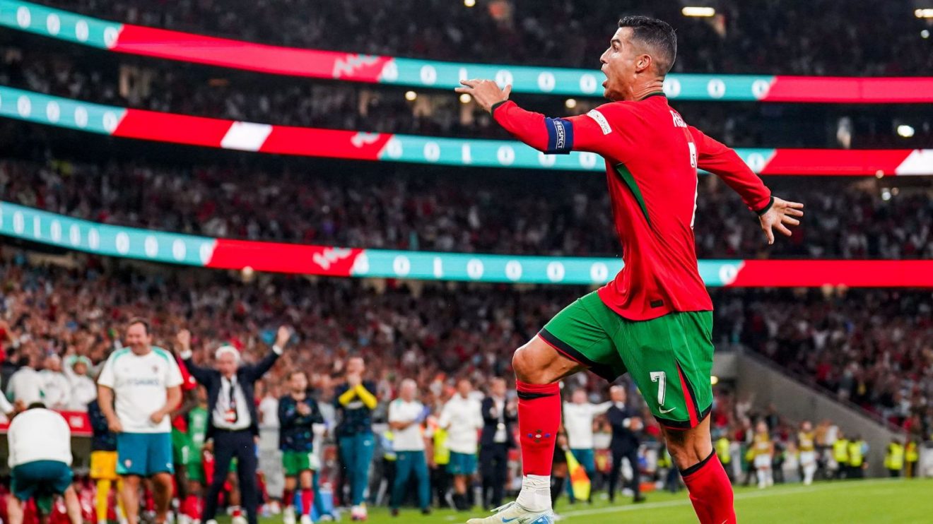 Cristiano Ronaldo celebrates after scoring for Portugal against Scotland