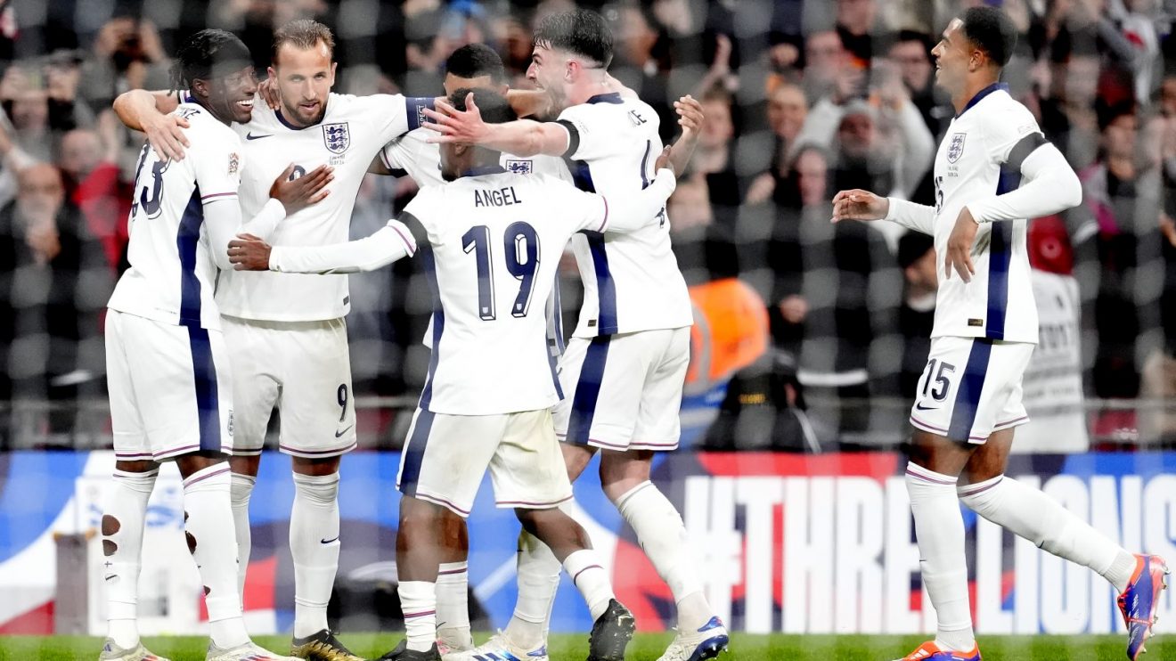 Harry Kane celebrates his second goal for England against Finland