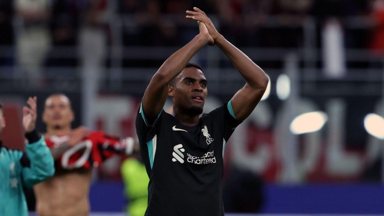 Liverpool midfielder Ryan Gravenberch applauds the fans