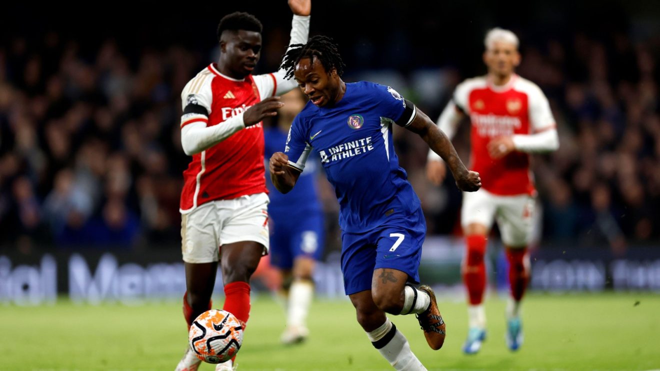 Arsenal winger Bukayo Saka faces Raheem Sterling