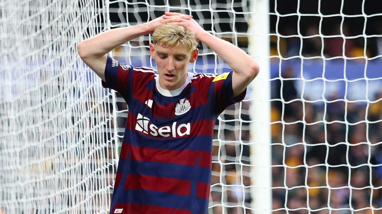 Newcastle winger Anthony Gordon looks dejected after a miss