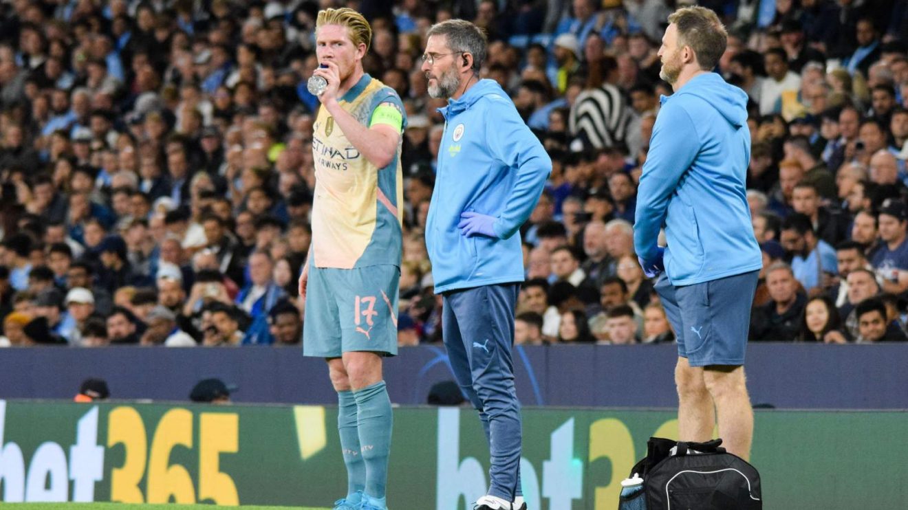 Man City captain Kevin De Bruyne after receiving treatment for an injury