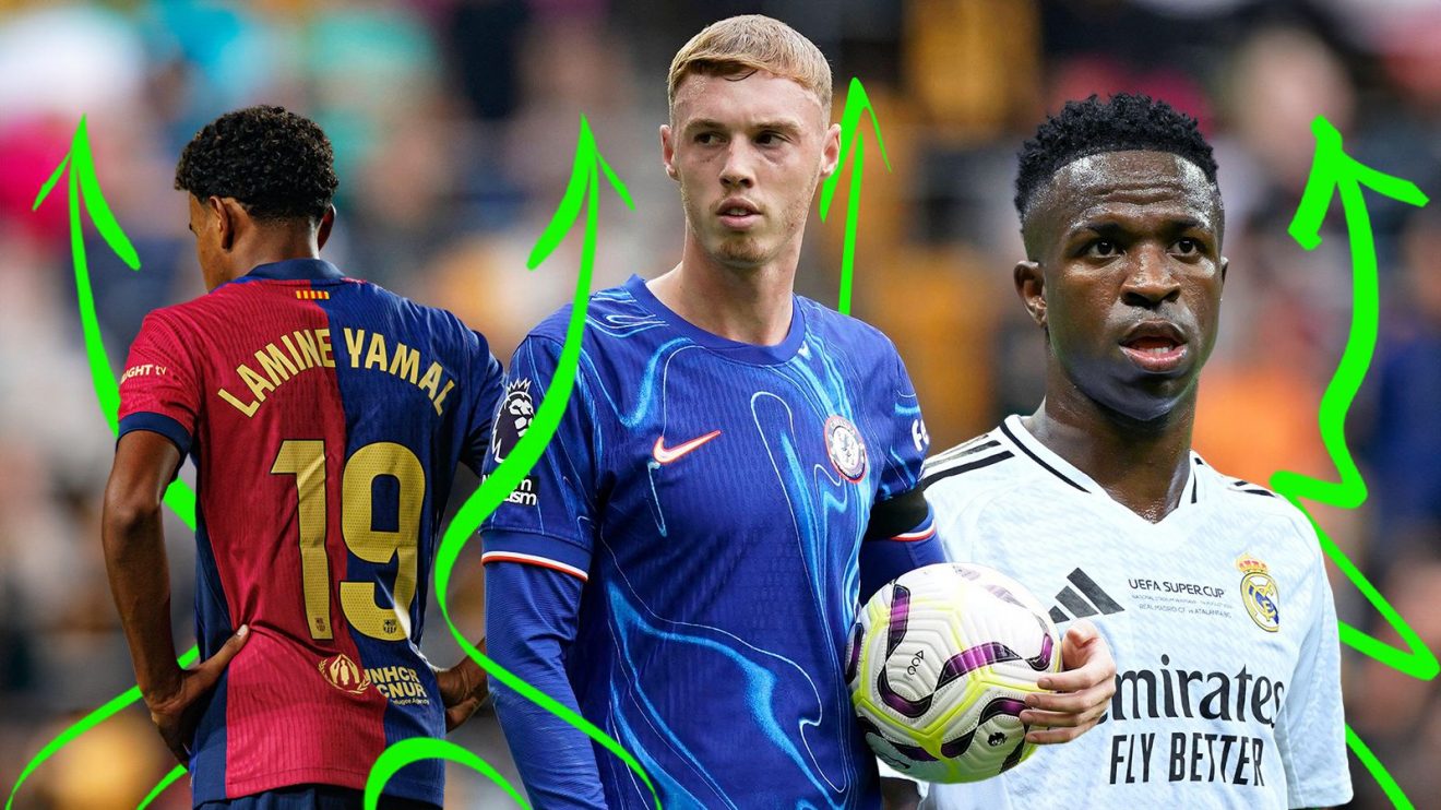 Barcelona forward Lamine Yamal, Chelsea player Cole Palmer and Vinicius Junior of Real Madrid