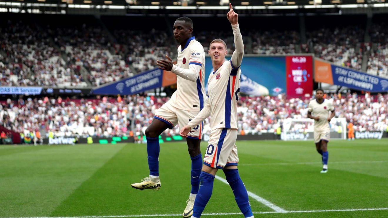 Chelsea players Cole Palmer and Nicolas Jackson celebrate after a goal