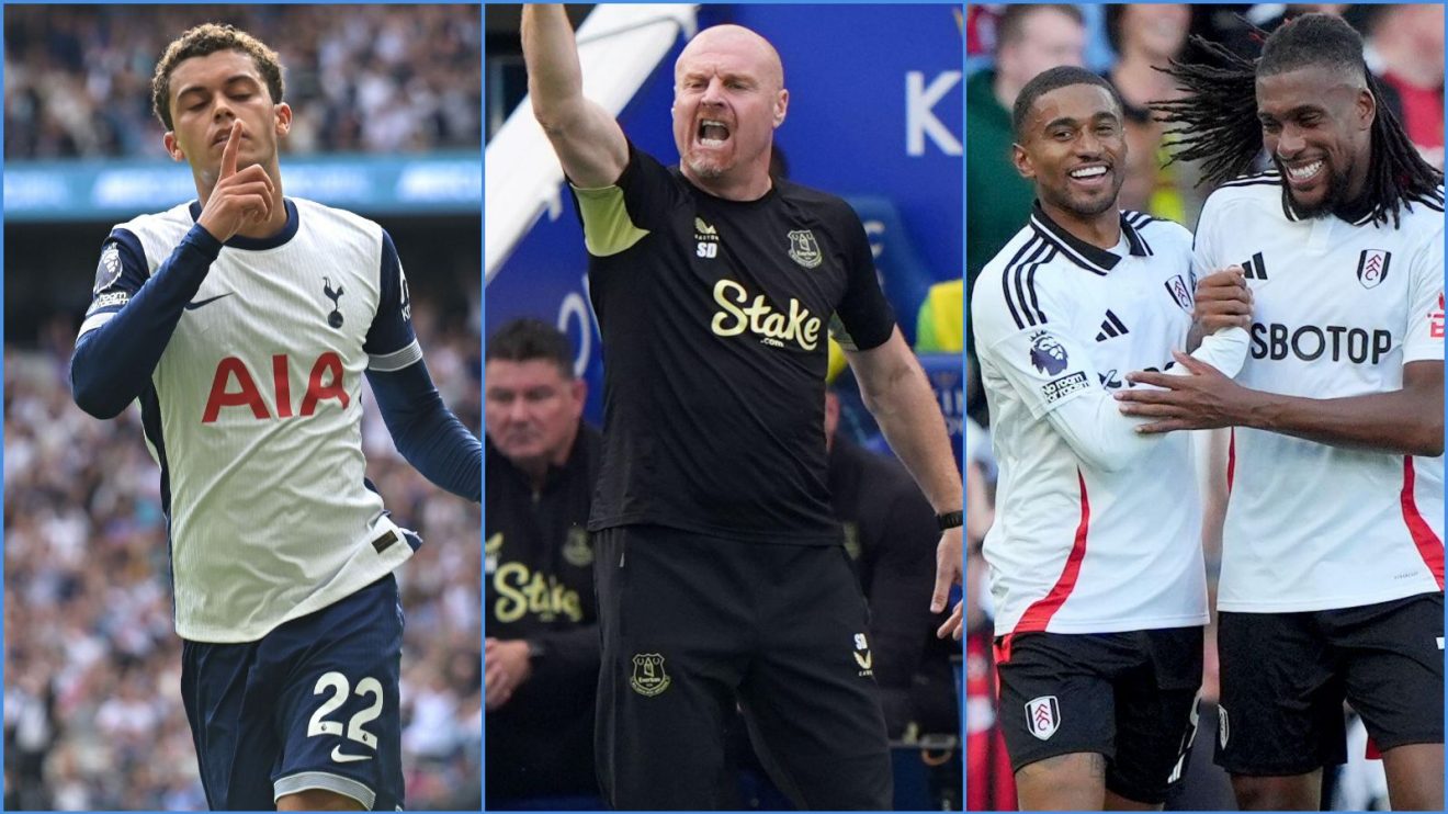 Brennan Johnson of Spurs, Everton manager Sean Dyche and Fulham players Reiss Nelson and Alex Iwobi