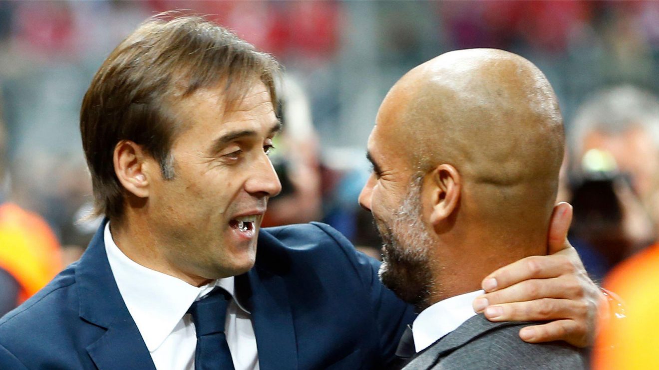 Julen Lopetegui stares dreamily into the eyes of Pep Guardiola while embracing him