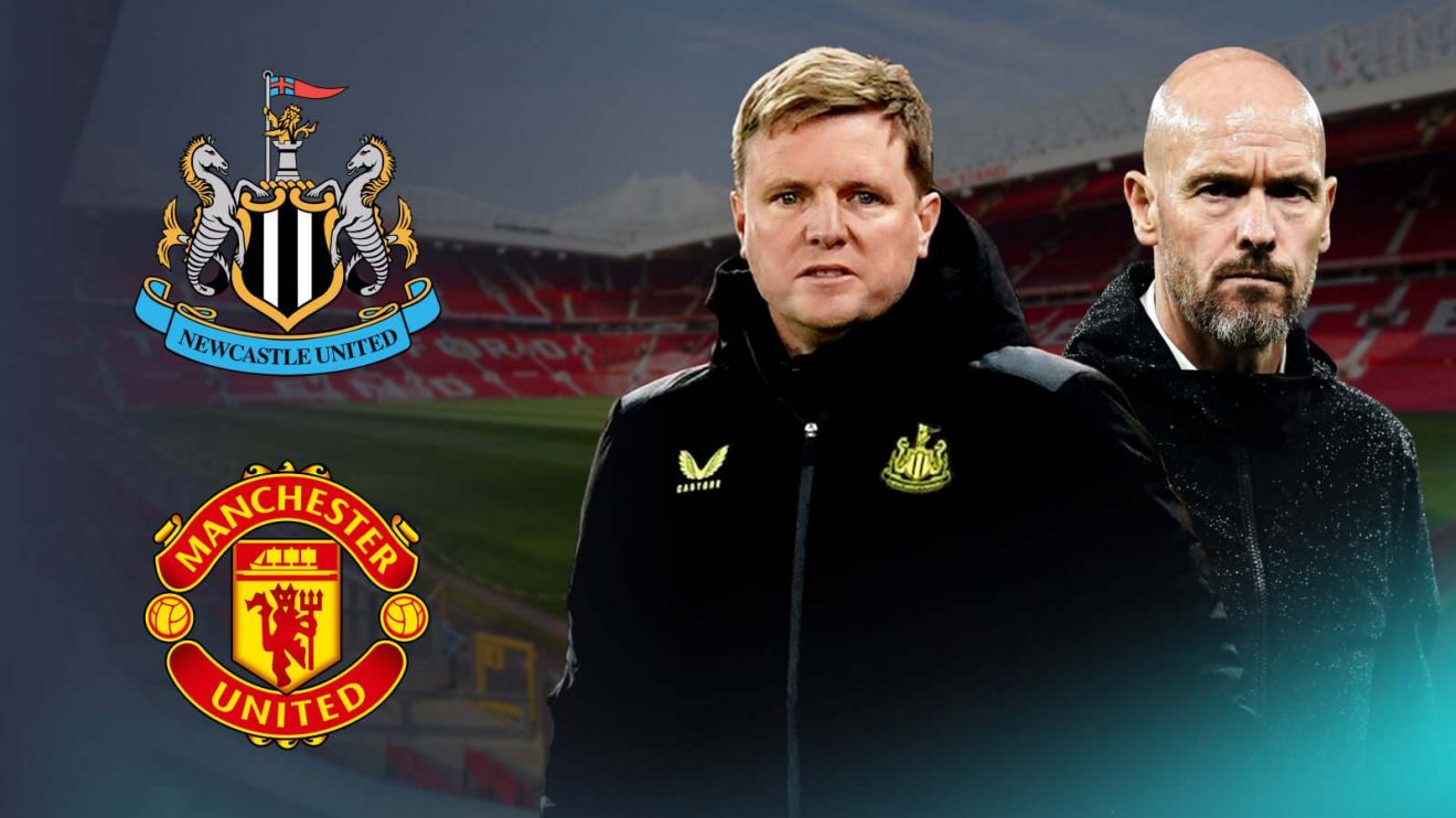 Eddie Howe and Erik ten Hag with the Newcastle and Man Utd badges
