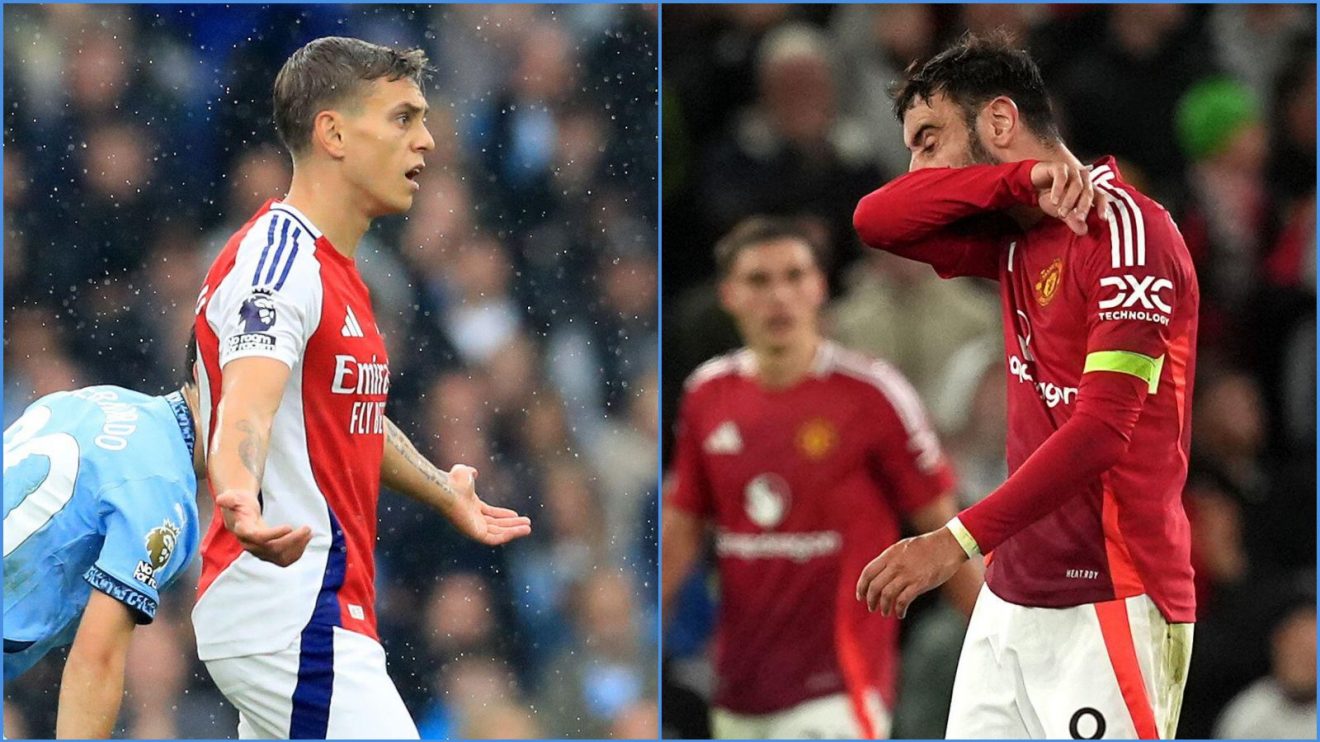 Arsenal forward Leandro Trossard and Manchester United player Bruno Fernandes