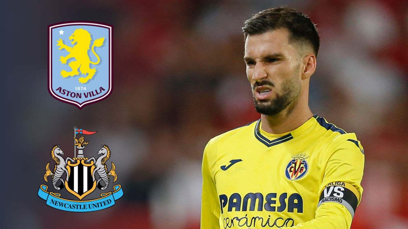 Alex Baena with the Aston Villa and Newcastle badges