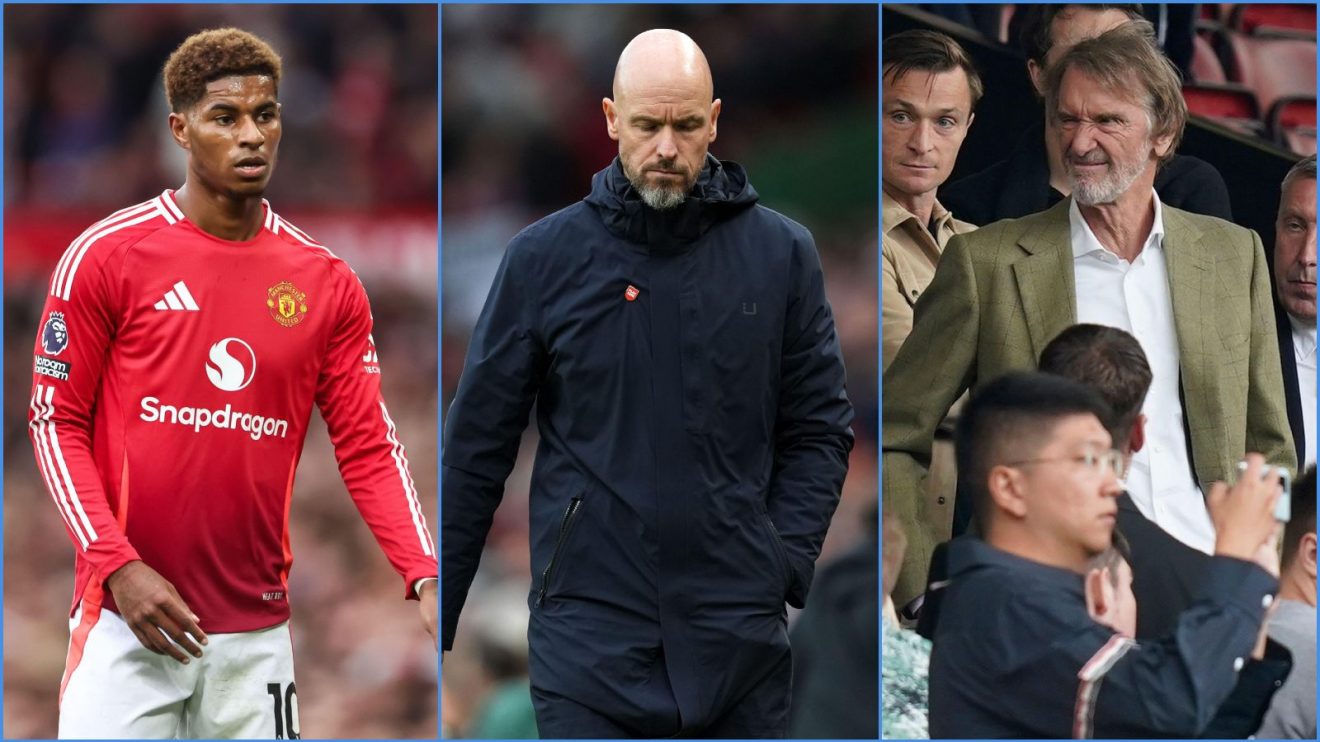 Man Utd forward Marcus Rashford, manager Erik ten Hag and co-owner Sir Jim Ratcliffe
