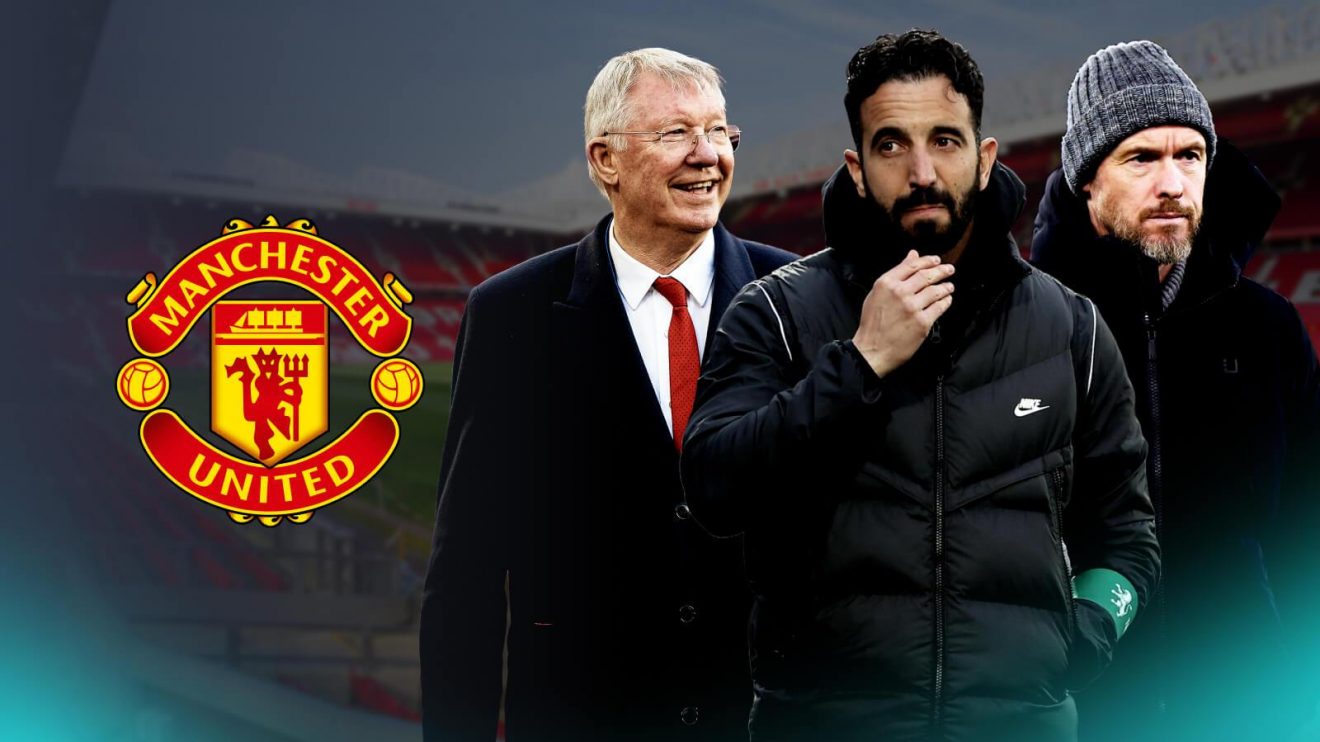 Man Utd badge with Sir Alex Ferguson, Ruben Amorim and Erik ten Hag