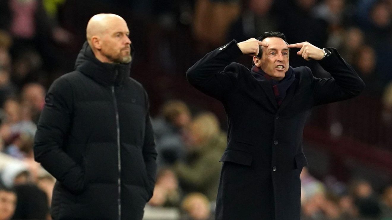 Manchester United coach Erik ten Hag and Aston Villa manager Unai Emery on the sidelines