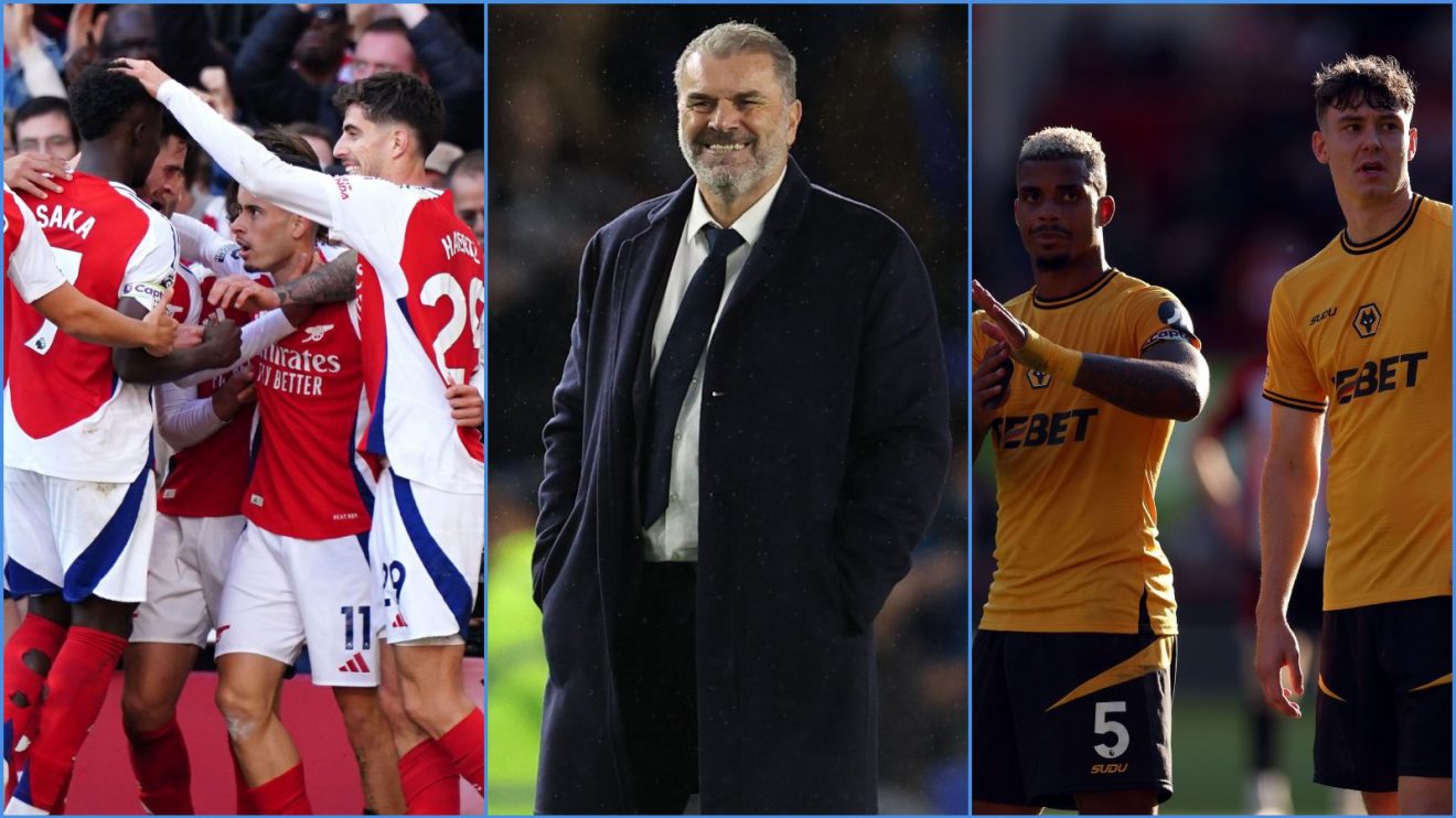 Arsenal players celebrate with Bukayo Saka, Tottenham coach Ange Postecoglou and unhappy Wolves pair Mario Lemina and Jorgen Strand Larsen