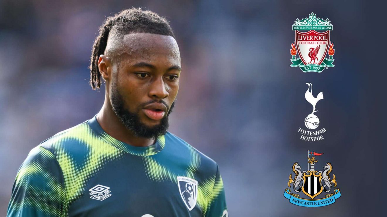 Antoine Semenyo with the Liverpool, Tottenham and Newcastle badges