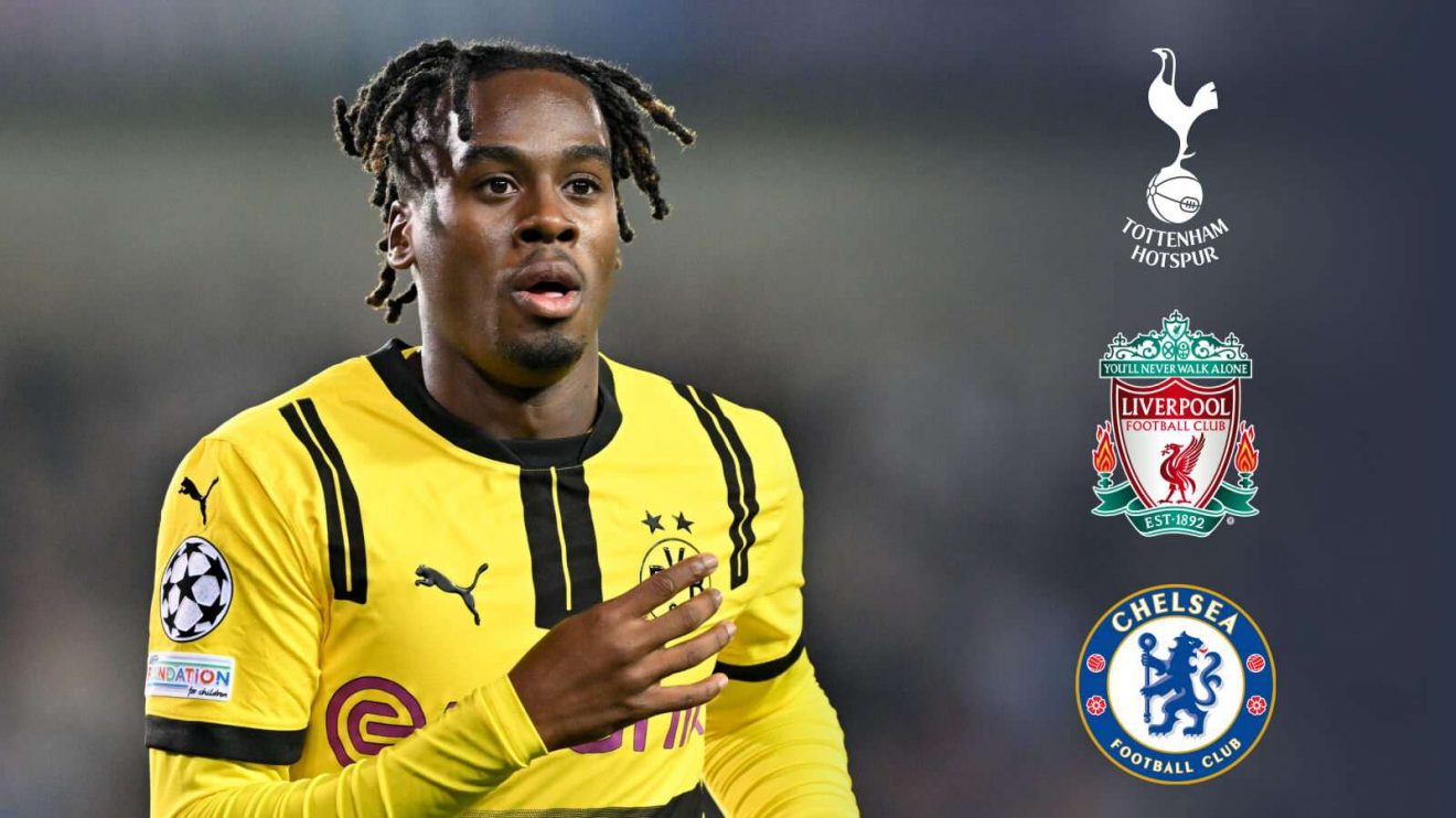 Jamie Bynoe-Gittens with the Tottenham, Liverpool and Chelsea badges