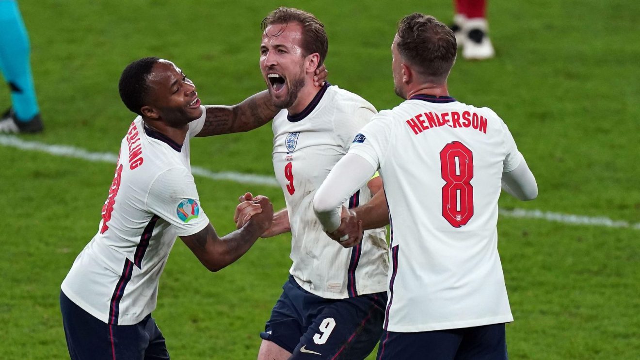 England players Raheem Sterling, Harry Kane and Jordan Henderson celebrate