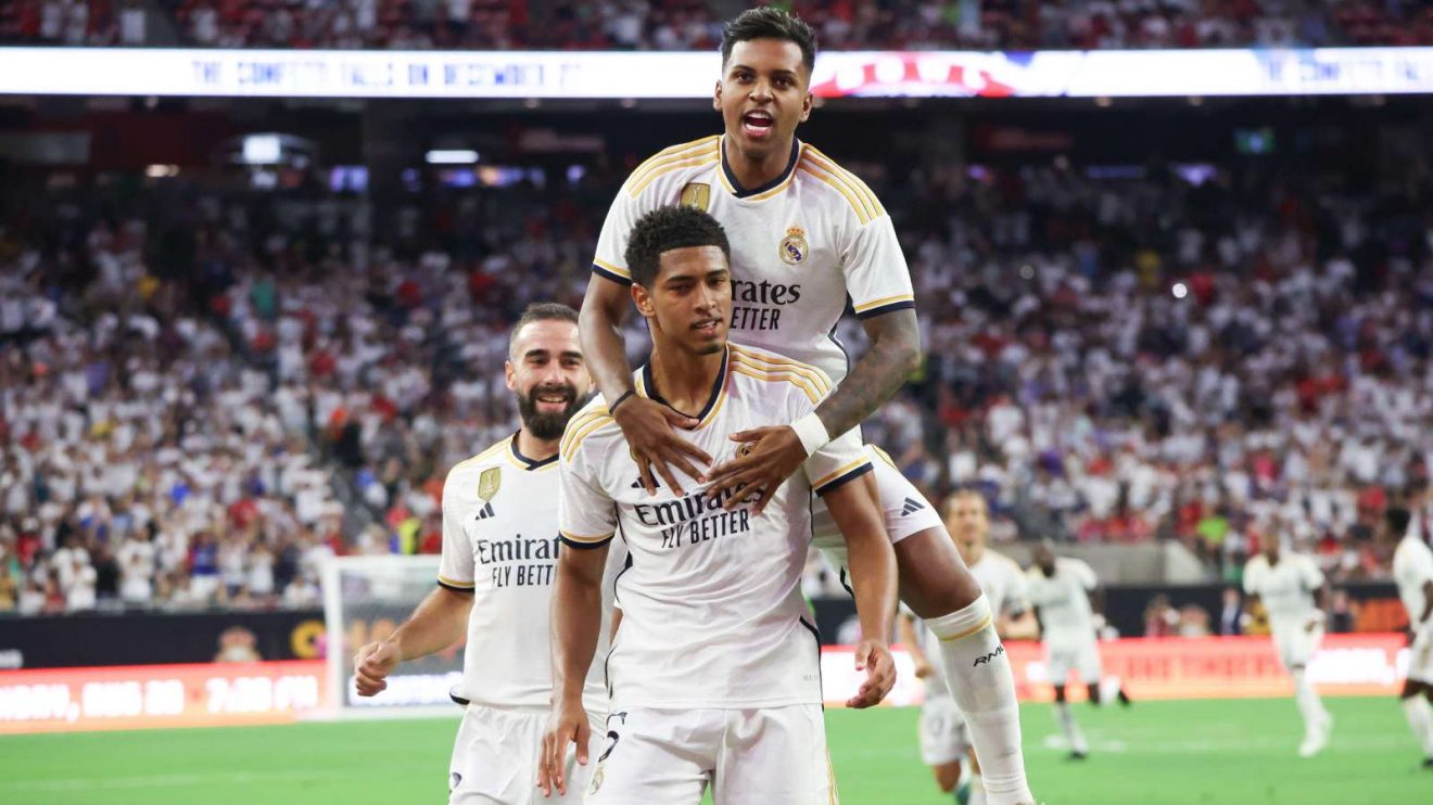 Liverpool-linked Real Madrid duo Rodrygo and Jude Bellingham celebrate a goal