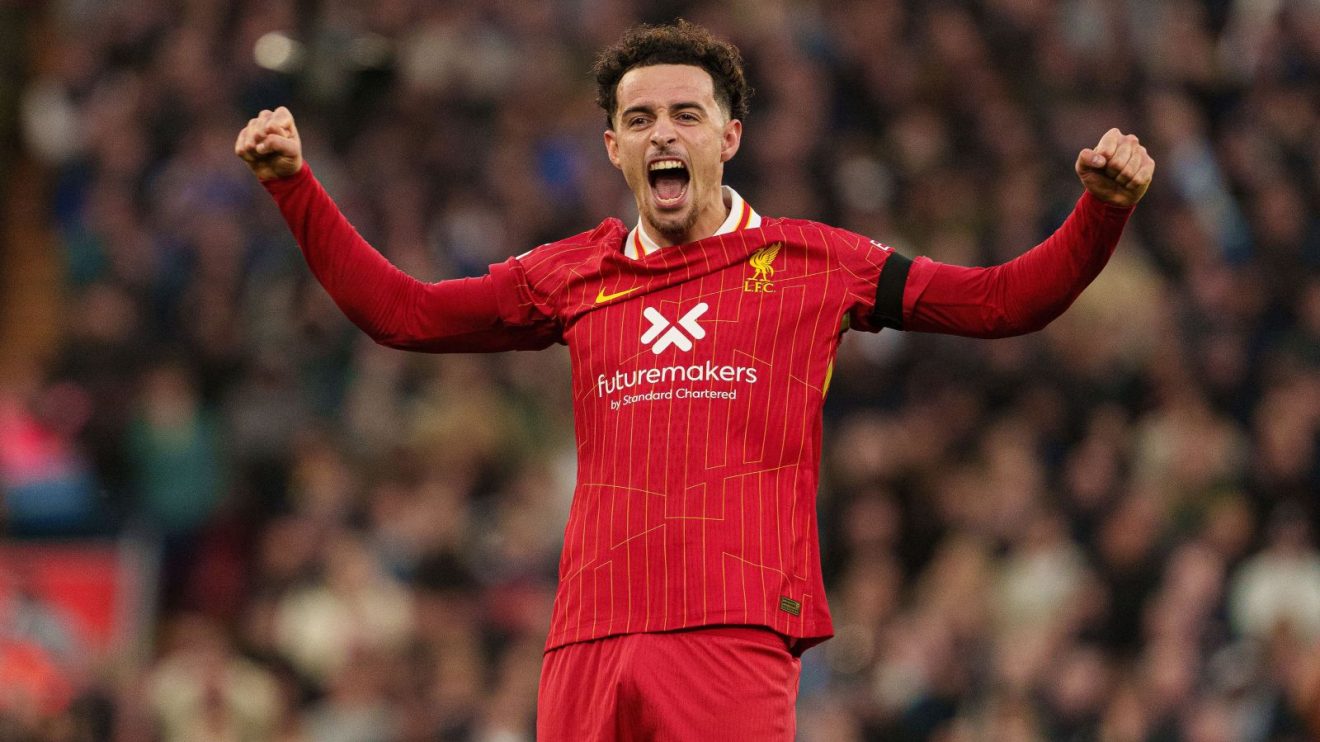 Curtis Jones celebrates his winning goal for Liverpool against Chelsea