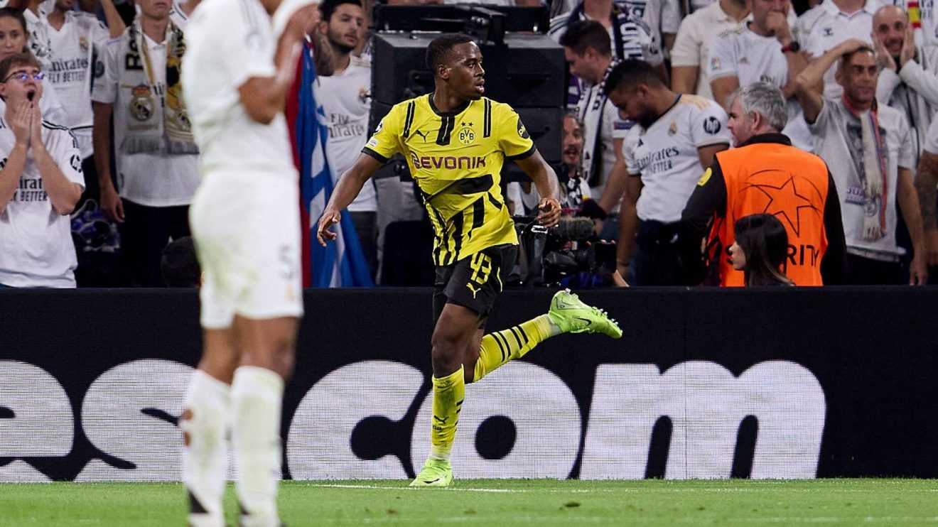 Borussia Dortmund forward Jamie Gittens celebrates against Real Madrid